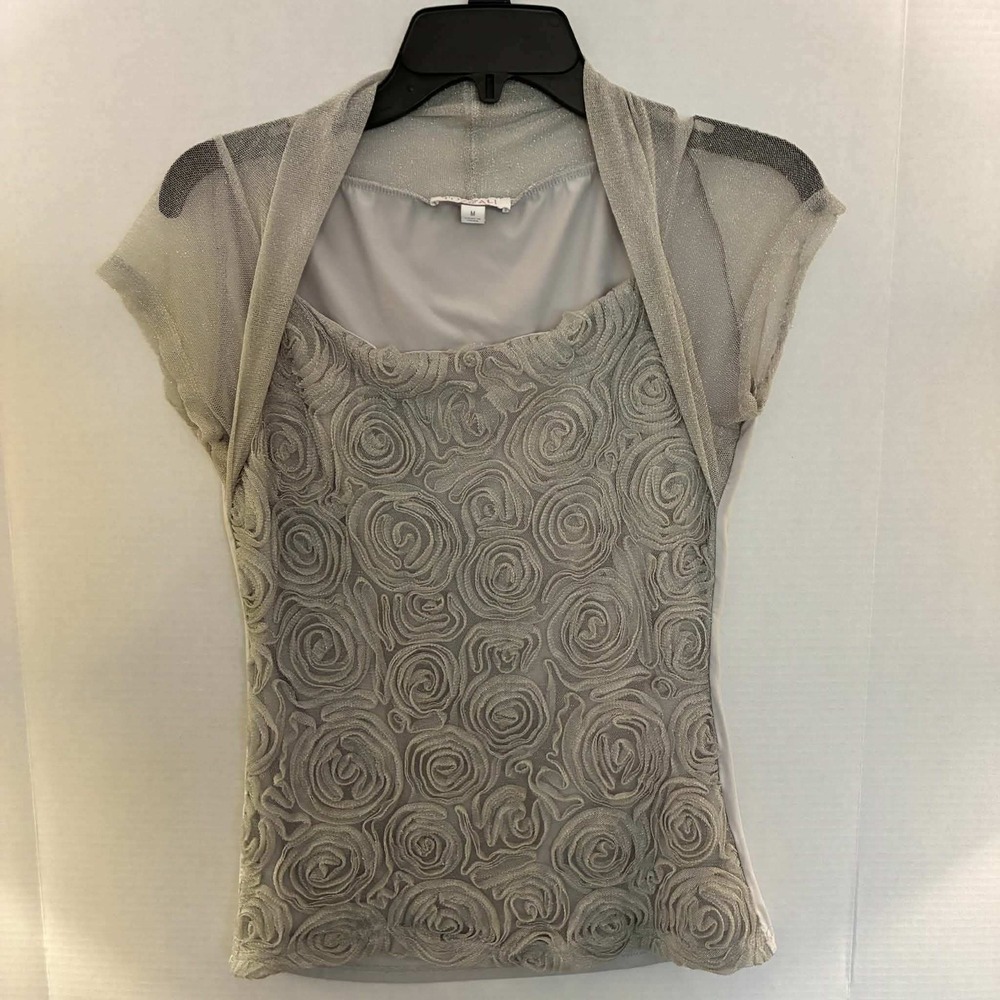 Roz & Ali Rosette Layered Top Womens M Silver Metallic Shrug Overlay Party Glam